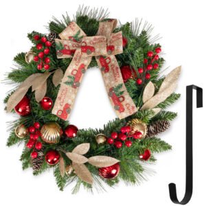 ventimi christmas wreath for front door, 16 inch christmas wreaths with khaki bow & ball ornaments, christmas decor for windows, outdoor indoor christmas decorations with 11 inch metal hanger