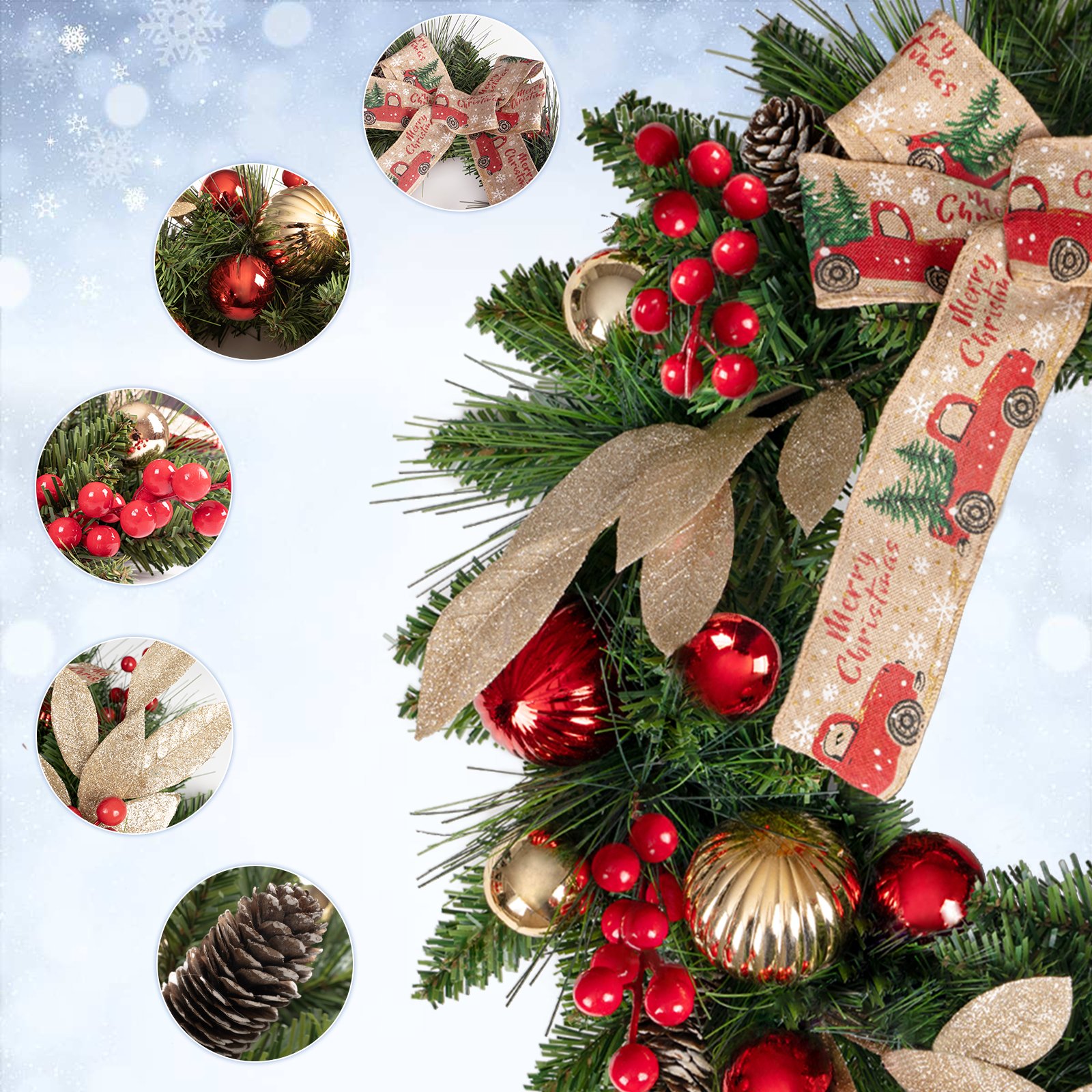 ventimi christmas wreath for front door, 16 inch christmas wreaths with khaki bow & ball ornaments, christmas decor for windows, outdoor indoor christmas decorations with 11 inch metal hanger